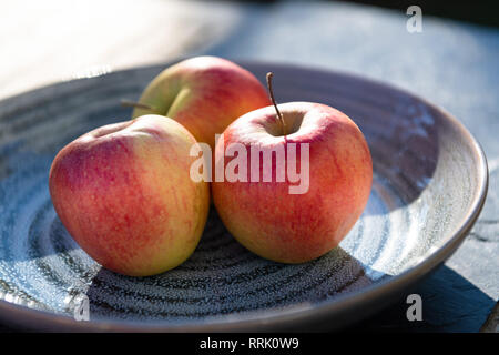 Drei rote gelbe Äpfel auf Platte im Sonnenlicht auf hölzernen Tisch. Stockfoto