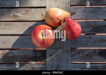 Zwei rote und gelbe Birnen und ein Apple liegen auf einem rustikalen Garten Tisch in der Sonne. Stockfoto