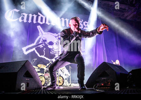 Norwegen, Oslo - 21. Februar 2019. Der schwedischen Doom Metal Band Candlemass führt ein Live Konzert in Oslo Spektrum in Oslo. Hier Sänger Johan Längqvist wird gesehen, live auf der Bühne. (Foto: Gonzales Foto - Terje Dokken). Stockfoto