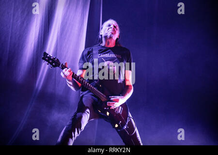 Norwegen, Oslo - 21. Februar 2019. Der schwedischen Doom Metal Band Candlemass führt ein Live Konzert in Oslo Spektrum in Oslo. Hier Gitarrist Lars Johansson ist live auf der Bühne gesehen. (Foto: Gonzales Foto - Terje Dokken). Stockfoto