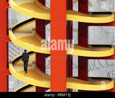 Man Walking auf unfertige Spiralbahn in Stapeln Bausteine, mit doodles Betonwand Hintergrund. Stockfoto