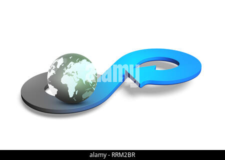 Kreislaufwirtschaft Konzept. Pfeil infinity Symbol mit der Weltkugel, auf weißem Hintergrund, 3D-Rendering. Stockfoto