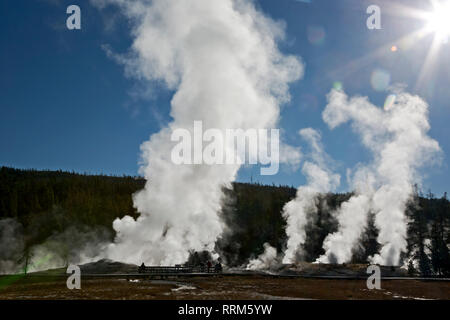 WY 03851-00 ... WYOMING - Touristische Warten auf eine Eruption des Giant Geysir im Upper Geyser Basin im Yellowstone National Park. Stockfoto