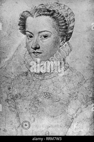 Elisabeth von Österreich, 5.7.1554 - 22.1.1592, Königin von Frankreich 1570-1574, die Ehefrau von Karl IX., Portrait, Zeichnung, von Francois Clouet, 1571, Additional-Rights - Clearance-Info - Not-Available Stockfoto