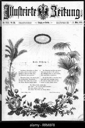 William I, 22.3.1797 - 9.3.1888, Deutscher Kaiser 1871 - 1888, König von Preußen 1861 - 1888, den Tod, die "Illustrirte Zeitung", 17.3.1888, Vorderseite, Additional-Rights - Clearance-Info - Not-Available Stockfoto