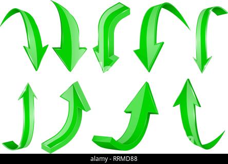Grün 3d-glänzenden Pfeile. Satz von Oben und Unten Symbole Stock Vektor