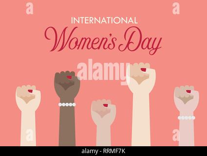Internationalen Tag der Frauen. Frauen Faust Hände. Vector Illustration Poster Stock Vektor