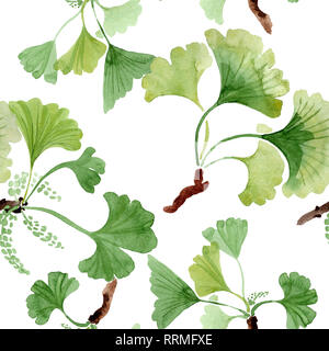 Ginkgo biloba grüne Blätter. Aquarell Hintergrund Abbildung. Nahtlose Muster. Stockfoto