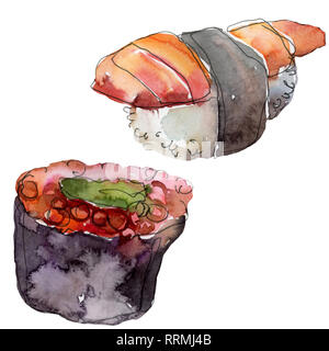 Aquarell sushi Set schön lecker Japanisch essen Abbildung. Hand gezeichnete Objekte auf weißem Hintergrund. Stockfoto