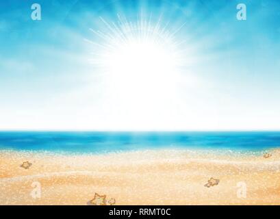 Sommer Strand Blick auf Sun burst mit blauem Himmel Hintergrund. Verzierung für in der Natur unterwegs. Sie können für die Anzeige, Plakat, Print, Artwork verwenden. illustra Stock Vektor