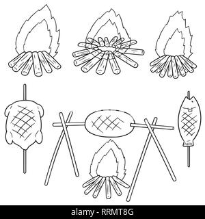 Vektor einrichten von Lagerfeuer und gegrillten Speisen Stock Vektor