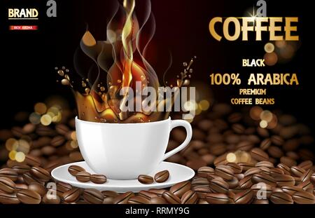 Arabica schwarz Kaffee Tasse mit Splash und Bohnen ads. 3D-Darstellung der heißen Arabica Kaffee Tasse. Produkt Design. Vektor Stock Vektor