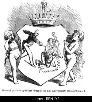 Bismarck, Otto von, 1.4.1815 - 30.7.1898, Deutscher Politiker, Karikatur, 'Layout für eine gräfliche Wappen für die neu benannten Graf Bismarck", Zeichnen, "Figaro", Wien, 23.9.1864, Additional-Rights - Clearance-Info - Not-Available Stockfoto