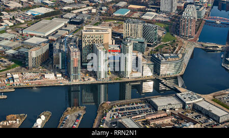 Ein Luftbild der Media City, Salford Quays, Manchester, North West England, Großbritannien Stockfoto