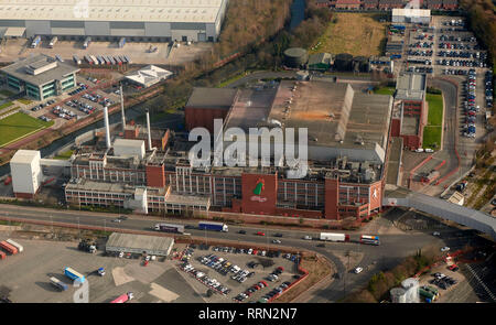 Eine Luftaufnahme der Kelloggs Fabrik, Trafford Park, Manchester, North West England, Großbritannien Stockfoto