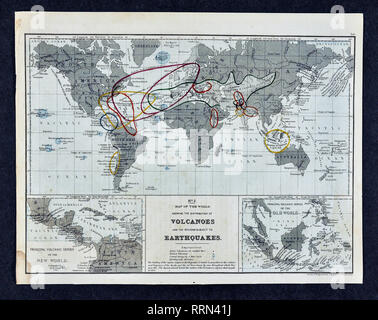 1868 Mitchell physikalische Weltkarte der Verteilung von Vulkanen und Regionen je nach Erdbeben Stockfoto