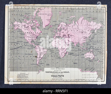 1868 Mitchell World Meteorological Karte zeigt die Temperatur des Ozeans und den Vormarsch der Flutwelle bei Hochwasser Stockfoto