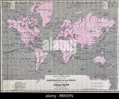 1868 Mitchell World Meteorological Karte zeigt die Temperatur des Ozeans und den Vormarsch der Flutwelle bei Hochwasser Stockfoto