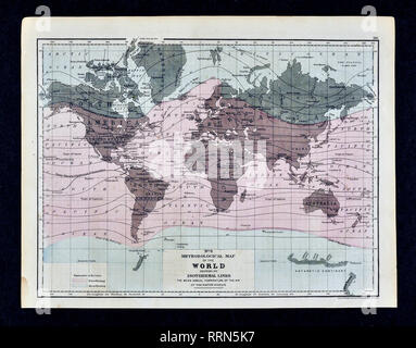 1868 Mitchell World Meteorological Karte mit Isothermen Linien der jährliche mittlere Temperatur der Luft an der Oberfläche der Erde Stockfoto