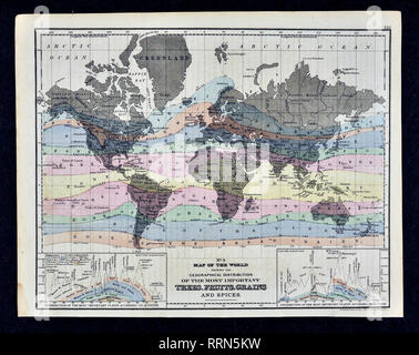 1868 Mitchell botanischen Welt Karte zeigt die geographische Verteilung der wichtigsten Bäume, Obst, Getreide und Gewürze Stockfoto