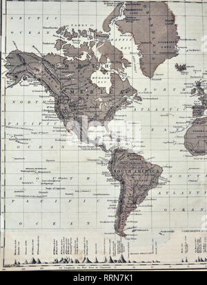 1868 Mitchell physikalische Weltkarte mit Kontinente, Inseln, Gebirge, Tisch landet, Ebenen und Pisten Stockfoto