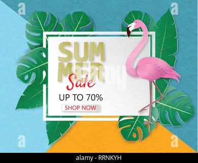 Kreative Abbildung: Summer Sale Banner mit Flamingo und tropische Blätter Hintergrund. Sommer Design für Broschüre, Web Banner, Flyer, Invitatio Stock Vektor