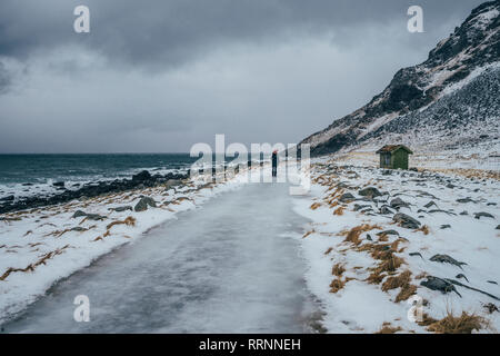 Frau entlang vereisten Strand, Lofoten, Norwegen Stockfoto