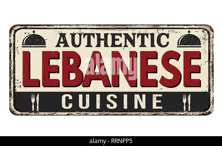 Authentische libanesische Küche vintage rostiges Metall Zeichen auf weißem Hintergrund, Vector Illustration Stock Vektor