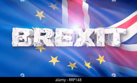 3D-Darstellung von gerissenen Brexit Konzept mit Flagge und 3D-Text Stockfoto