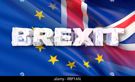 3D-Darstellung von gerissenen Brexit Konzept mit Flagge und 3D-Text Stockfoto