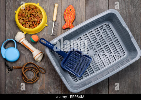 Heimtierbedarf auf Holzboden Stockfoto