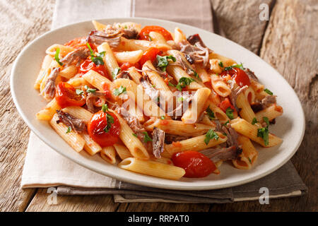 Traditionelle italienische Pasta mit gebackenen zerkleinertem Schweinefleisch, Tomaten und Kräutern close-up auf einem Teller auf den Tisch. Horizontale Stockfoto