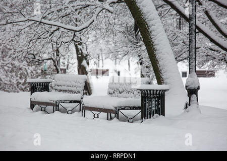 Avenue mit einer Reihe von Bänken, die bei starkem Wind und Schneesturm auf der Winter in Moskau, Russland. Einen malerischen Blick auf die schneebedeckten Straße der Stadt. Moskau Schneefall Stockfoto