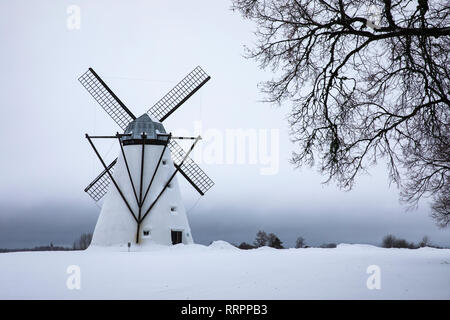 Windmühle in einer Winterlandschaft von Estland Stockfoto