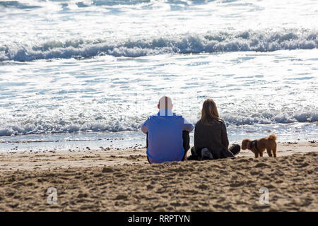 Bournemouth, Dorset, Großbritannien. 26 Feb, 2019. UK Wetter: warmes Wetter fährt mit einem anderen schönen warmen sonnigen Tag in Bournemouth wie Besucher die Sonne am Meer genießen, erwartet der heisseste Tag des Jahres zu sein und den heißesten Februar Tag überhaupt. Bournemouth strand ist der beste Strand in Großbritannien gewählt. Paar am Strand mit Hund. Credit: Carolyn Jenkins/Alamy leben Nachrichten Stockfoto