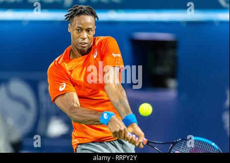 Dubai, VAE. 26 Feb, 2019. Gael Monfils von Frankreich spielt eine Rückhand geschossen während der Dubai Duty Free Tennis Meisterschaft am Dubai International Tennis Stadium, Dubai, UAE am 26. Februar 2019. Foto von Grant Winter. Credit: UK Sport Pics Ltd/Alamy leben Nachrichten Stockfoto
