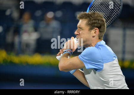 Dubai, VAE. 26. Februar 2019. Mathew Ebden von Australien bei seinem Umlauf von 32 Spiel gegen Stefanos Tsitsipas von Griechenland 2019 Dubai Duty Free Tennis Meisterschaften. Ebden verloren 4-6, 6-3, 3-6 Stockfoto