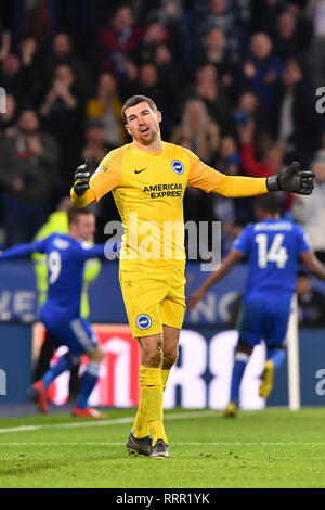 LEICESTER, UK, 26. Februar Brighton Torwart Matthew Ryan suchen niedergeschlagen nach Leicester City, Jamie Vardy (9) zählte ein Ziel zu 2-0 während der Premier League Match zwischen Leicester City und Brighton und Hove Albion für die King Power Stadion, Leicester am Dienstag, 26. Februar 2019. (Credit: Jon Hobley | MI Nachrichten & Sport Ltd) Stockfoto