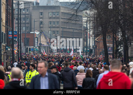 Rugby Fans vor der Six Nations Championship Match zwischen Wales und England im Fürstentum Stadium in Cardiff am 23. Februar Rd. Stockfoto