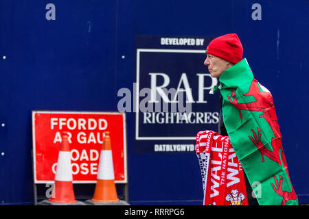 Merchandise Stände, erinnerungsstücken vor der Six Nations Championship Match zwischen England und Wales am 23. Februar 2019. Cardiff, Wales, UK. Stockfoto