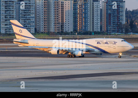 TEL AVIV, Israel - 24. Februar 2019: Boeing 747 Der el-al am Ben Gurion International Airport. Stockfoto