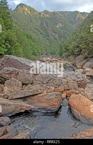 Felsbrocken auf Coruscades im Inneren der großen Schlucht auf den Franklin River Stockfoto