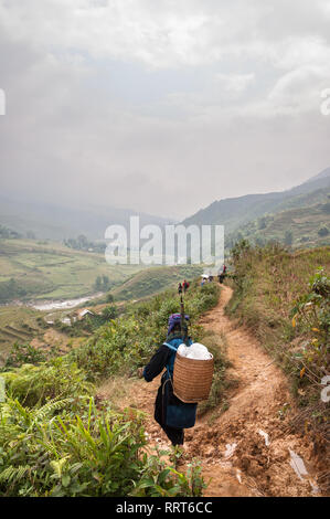 Lokale Hmong Frau in traditioneller Kleidung Spaziergänge hinunter einen Hügel mit terrassierten Hügel im Hintergrund an einem nebligen Tag, Sa Pa, Vietnam Stockfoto