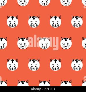 Katzen Kinder Polka Dot nahtlose Vektor Hintergrund. Cute Kitty Gesichter Muster Schwarz und Weiß auf Rot. Geometrische Fun Kids Design. Verwenden Sie für Gewebe, Kinder Einrichtung, Geschenkpapier, Verpackungen, digitale Papier, Karten Stock Vektor