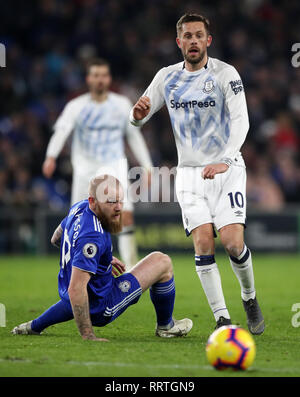 Cardiff City Aron Gunnarsson und Everton's Gylfi Sigurdsson (rechts) Kampf um den Ball während der Premier League Match in Cardiff City Stadium. Stockfoto