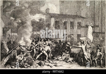 Charles Thevenin, der Sturm auf die Bastille am 14. Juli 1789, Radierung um 1793, französischer Revolutionsdruck Stockfoto