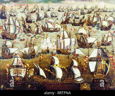 Spanische Armada, 1588 - englische Schiffe und die spanische Armada, Malerei Stockfoto