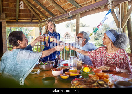 Freunde toasten Gläser Orangensaft zum Frühstück in der Hütte während Yoga Retreat Stockfoto