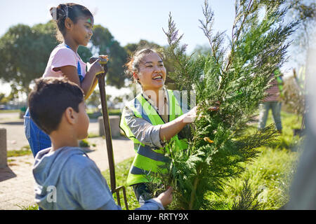 Mutter und Kinder freiwillige Pflanzen Baum im sonnigen Park Stockfoto