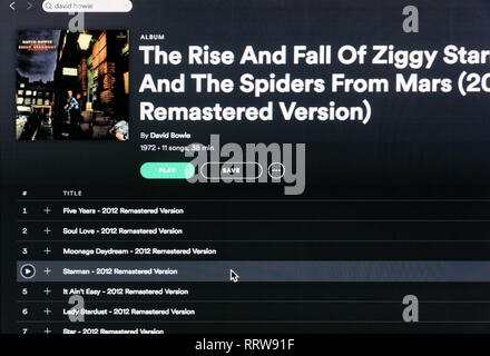 David Bowie album Ziggy Stardust spotify Seite Stockfoto